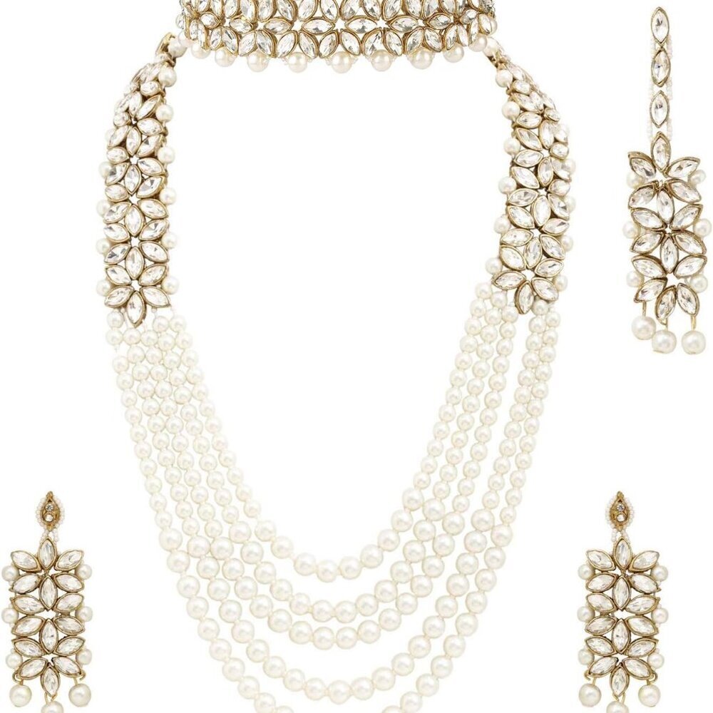 Wedding Jewelry Set Pearl Necklace Earrings Maang Tikka Bridal Traditional